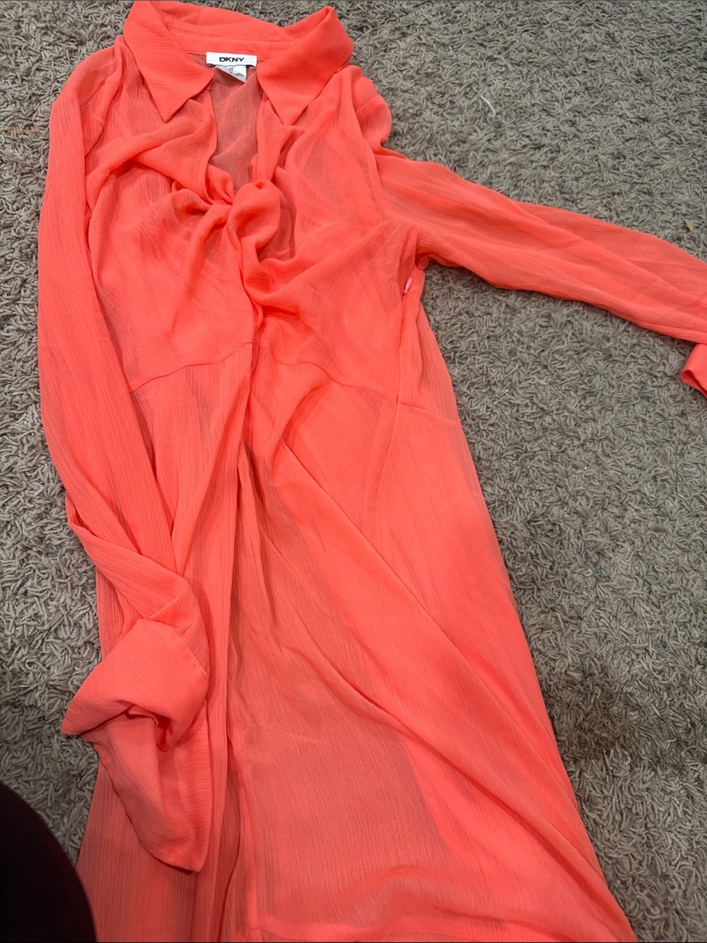 DKNY Coral-Orange Long Sleeve Sheer Maxi Dress